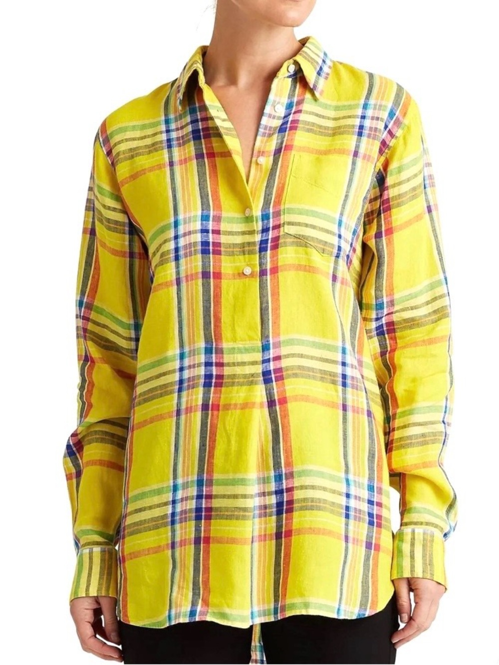 LAUREN RALPH LAUREN Vintage Yellow Plaid Linen Button Down Shirt, yellow